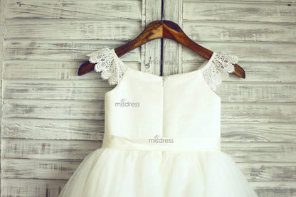 Ivory Lace Cap Sleeves Tulle Flower Girl Dress With Ivory Sash - Flower Girl Dresses