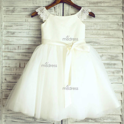Ivory Lace Cap Sleeves Tulle Flower Girl Dress With Ivory Sash - Flower Girl Dresses