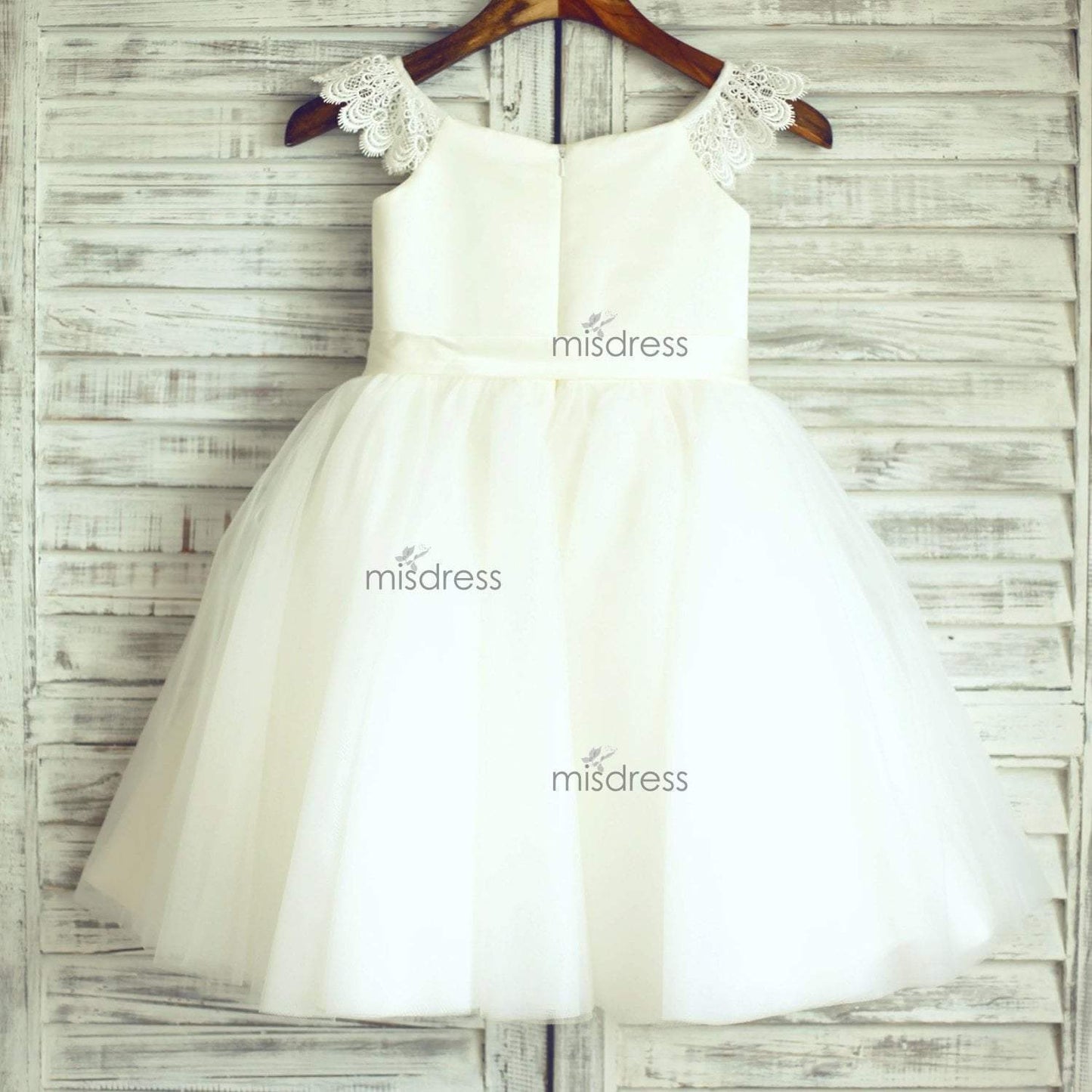 Ivory Lace Cap Sleeves Tulle Flower Girl Dress With Ivory Sash - Flower Girl Dresses