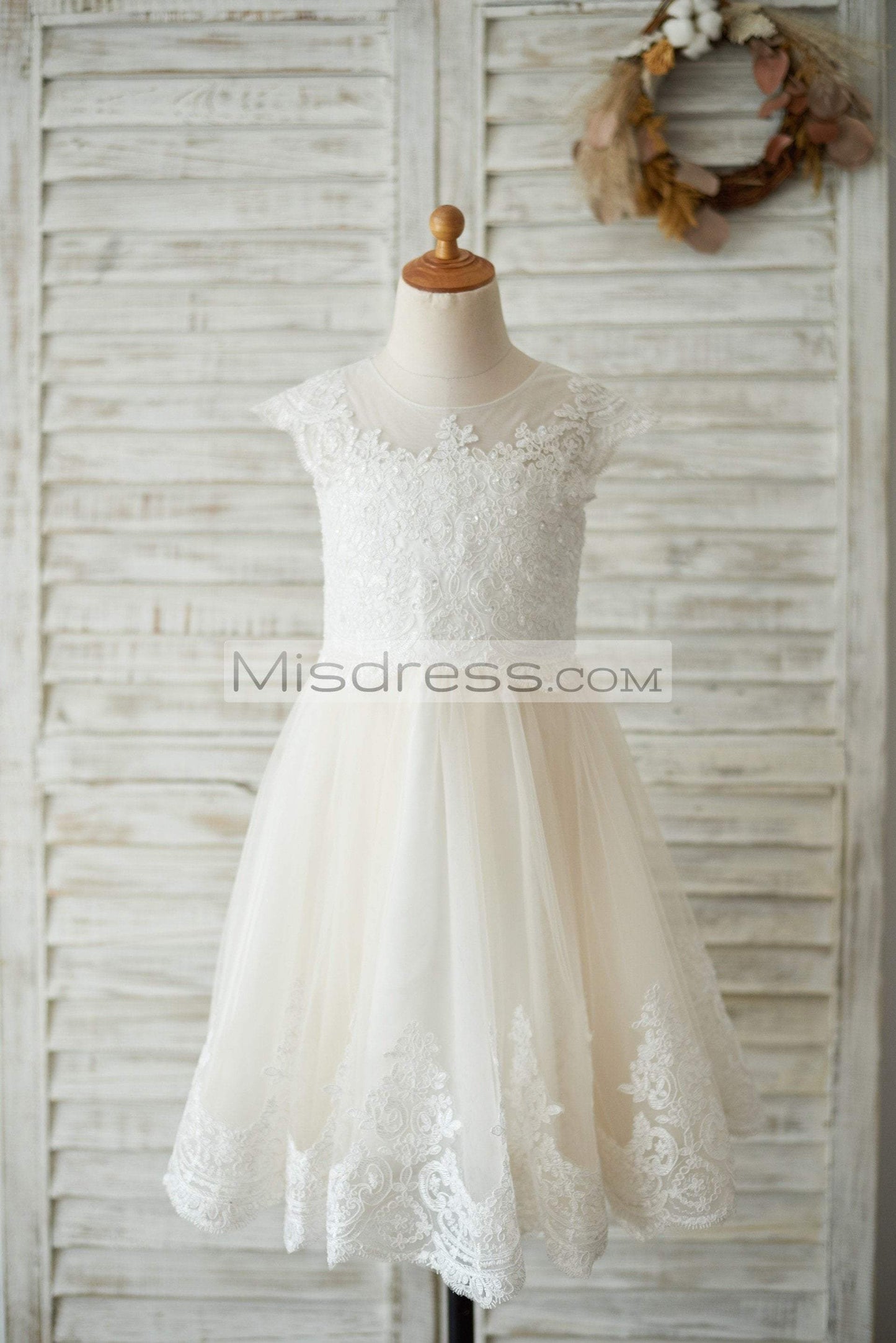 Ivory Lace Champagne tulle Cap Sleeves Wedding Flower Girl Dress with Beading - 1T --- Chest = 20 inches/ Waist = 19 inches/ Hollow to knee