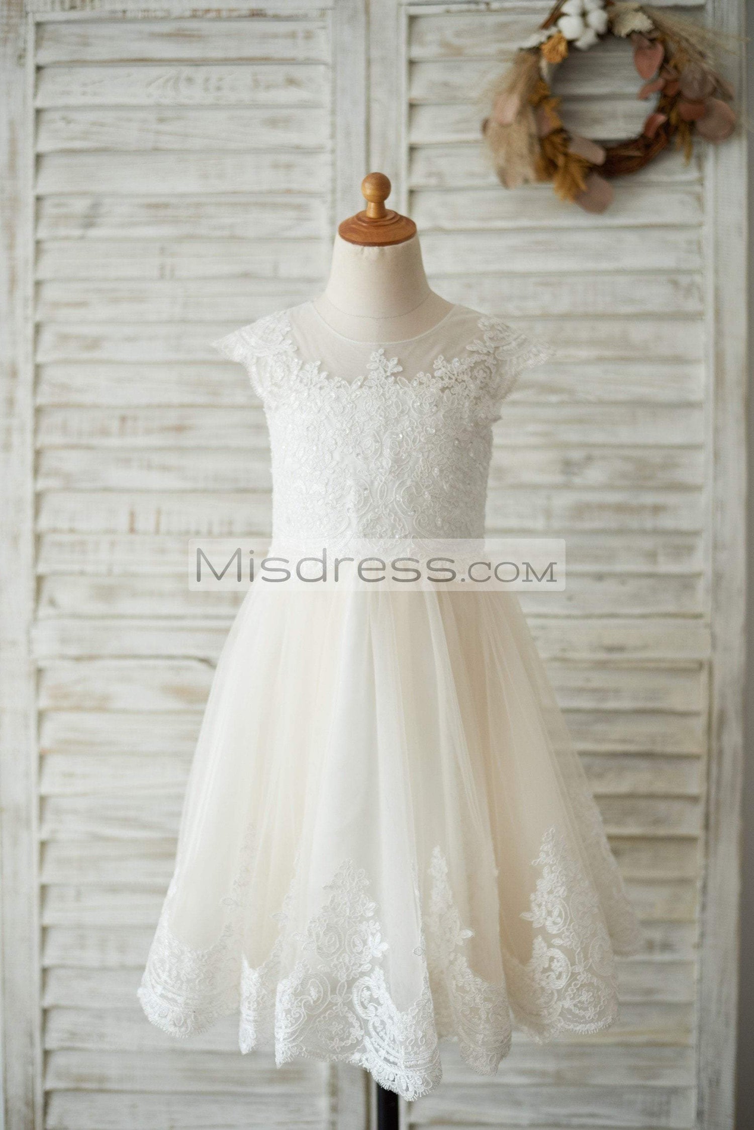 Ivory Lace Champagne tulle Cap Sleeves Wedding Flower Girl Dress with Beading - 1T --- Chest = 20 inches/ Waist = 19 inches/ Hollow to knee