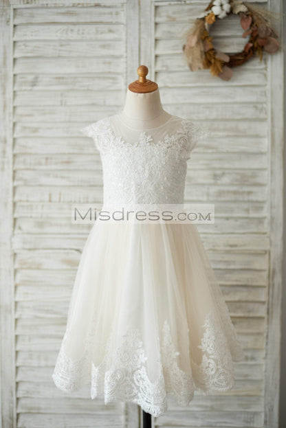 Ivory Lace Champagne tulle Cap Sleeves Wedding Flower Girl Dress with Beading - 1T --- Chest = 20 inches/ Waist = 19 inches/ Hollow to knee