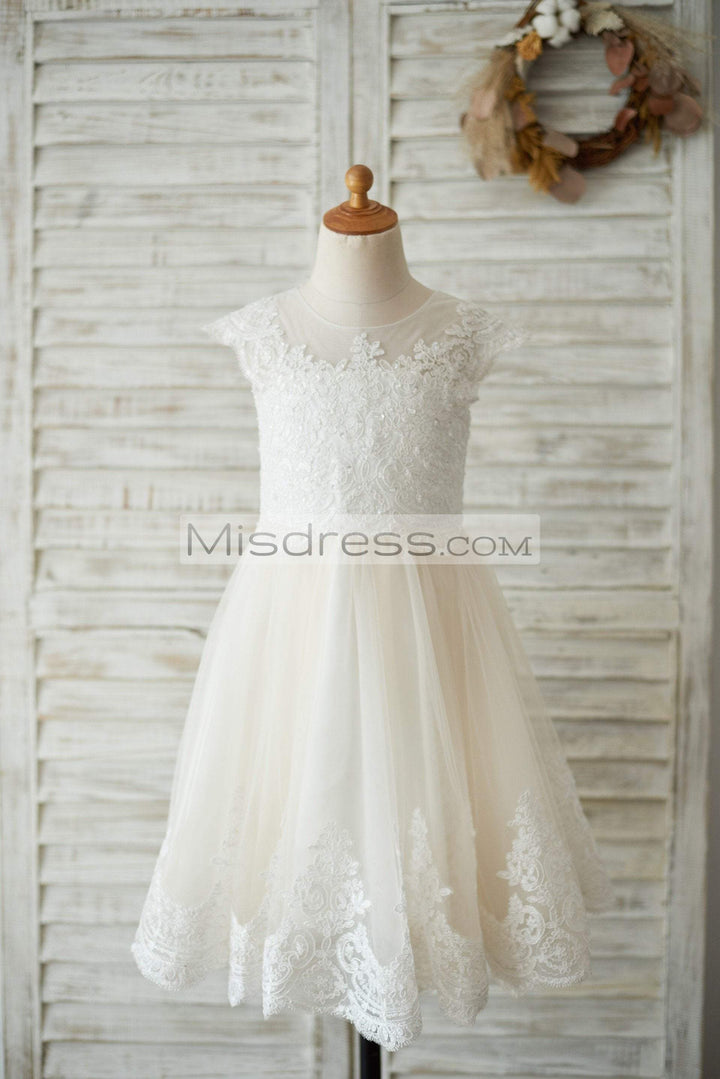 Ivory Lace Champagne tulle Cap Sleeves Wedding Flower Girl Dress with Beading - 1T --- Chest = 20 inches/ Waist = 19 inches/ Hollow to knee