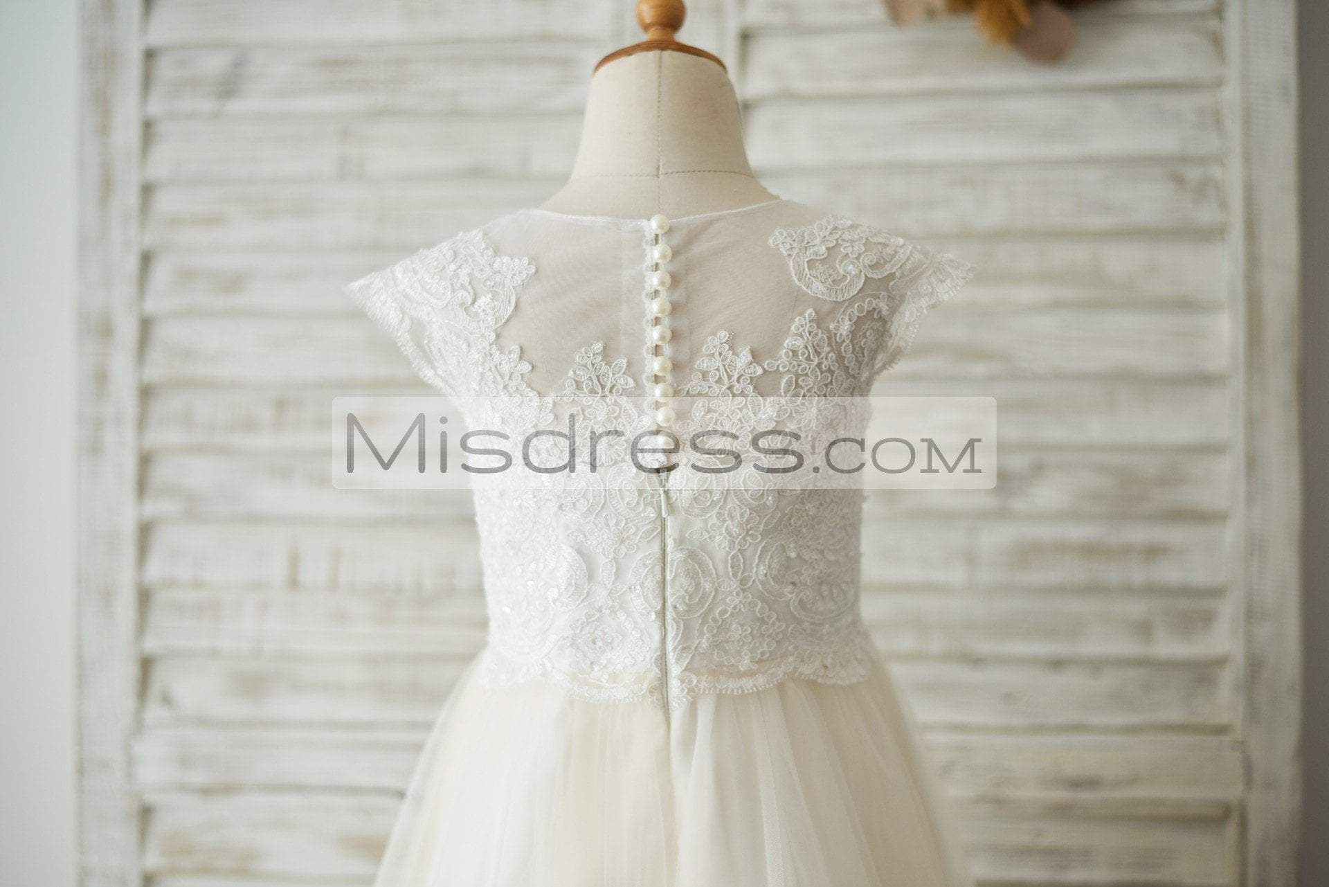 Ivory Lace Champagne Tulle Cap Sleeves Wedding Flower Girl Dress With Beading - Flower Girl Dresses
