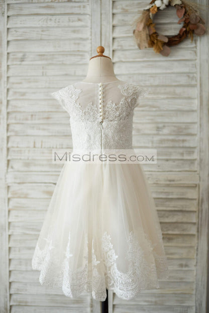 Ivory Lace Champagne Tulle Cap Sleeves Wedding Flower Girl Dress With Beading - Flower Girl Dresses