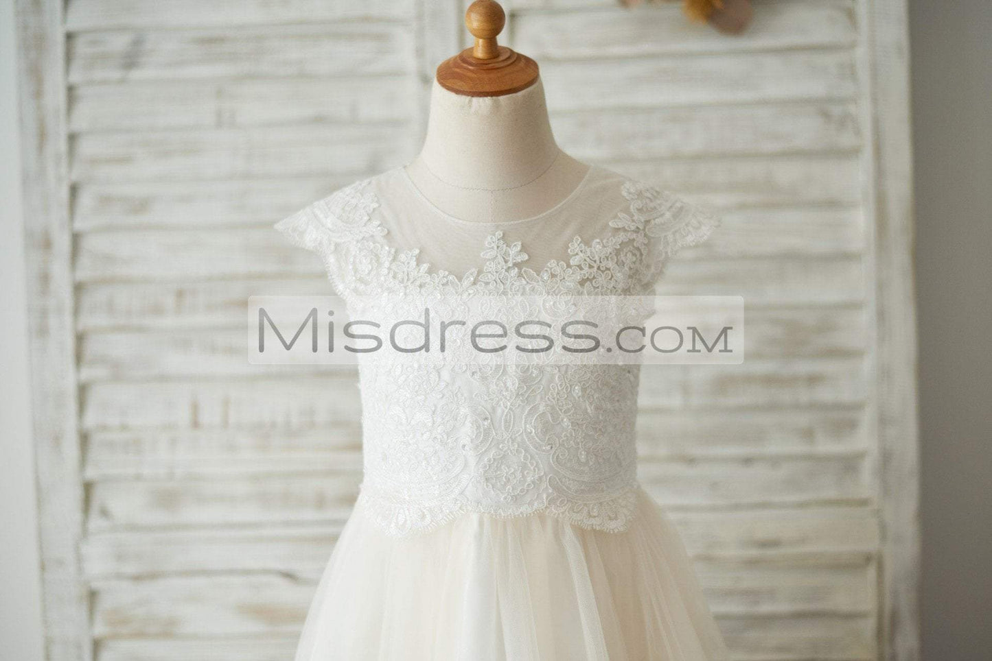 Ivory Lace Champagne Tulle Cap Sleeves Wedding Flower Girl Dress With Beading - Flower Girl Dresses