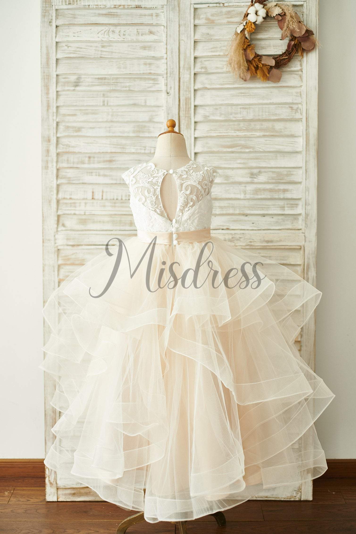 Ivory Lace Champagne Tulle Ruffles Wedding Flower Girl Dress, Horsehair 10T
