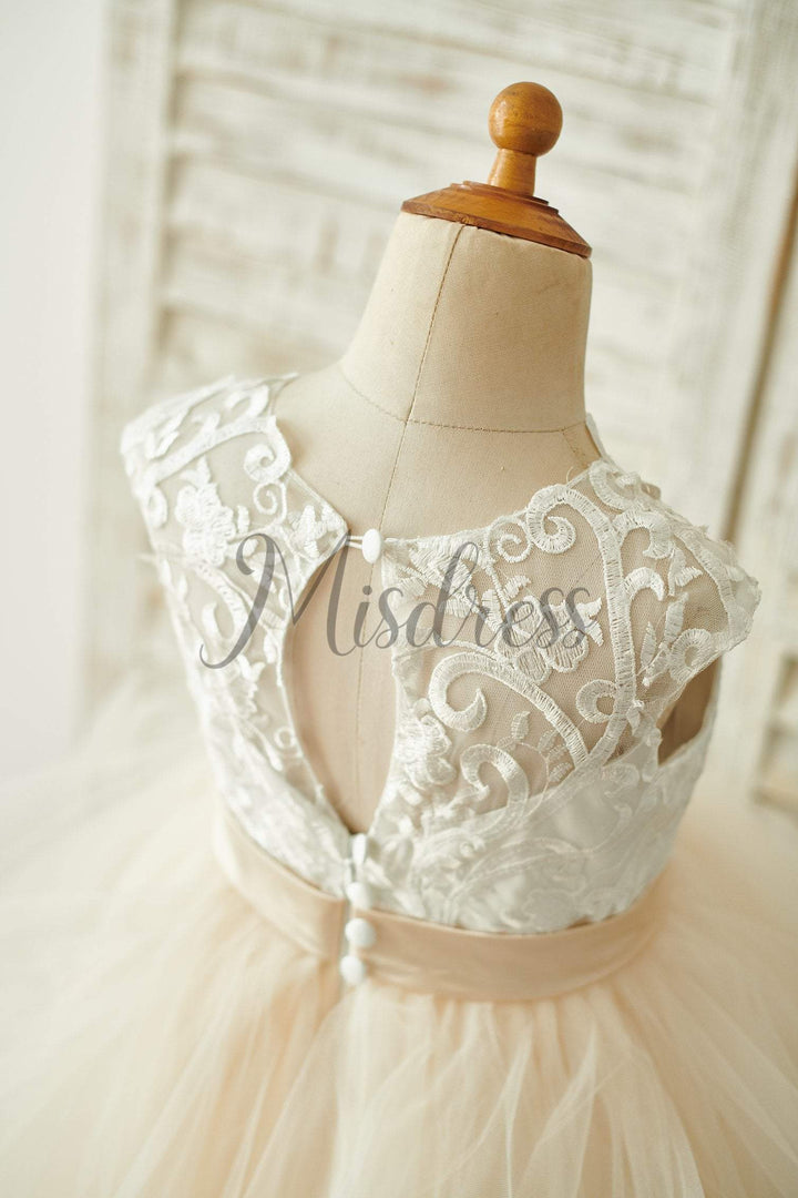 Ivory Lace Champagne Tulle Floor Length Wedding Flower Girl Dress, Hor