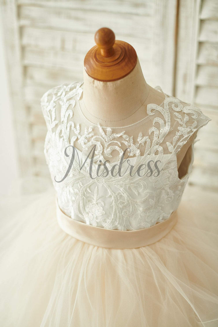 Ivory Lace Champagne Tulle Floor Length Wedding Flower Girl Dress, Hor |  Misdress