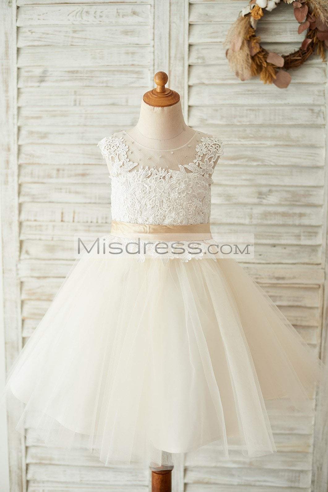 Ivory Lace Champagne Tulle Keyhole Back Wedding Party Flower Girl Dress With Belt - Flower Girl Dresses