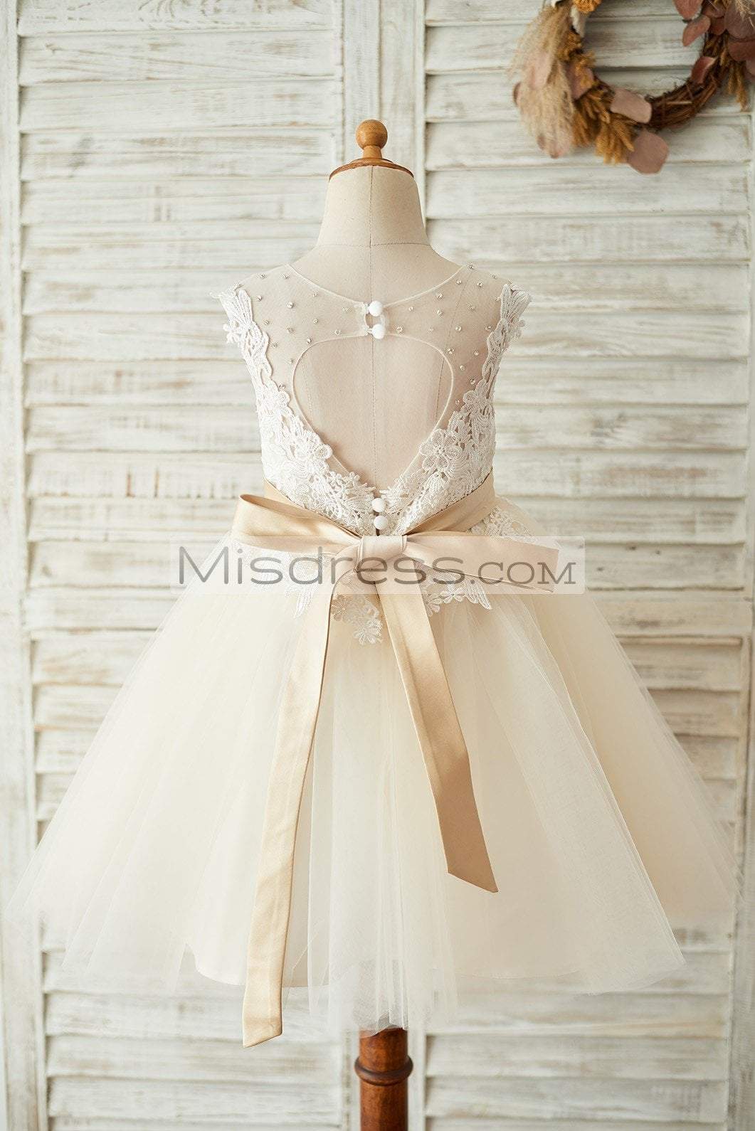 Ivory Lace Champagne Tulle Keyhole Back Wedding Party Flower Girl Dress With Belt - Flower Girl Dresses