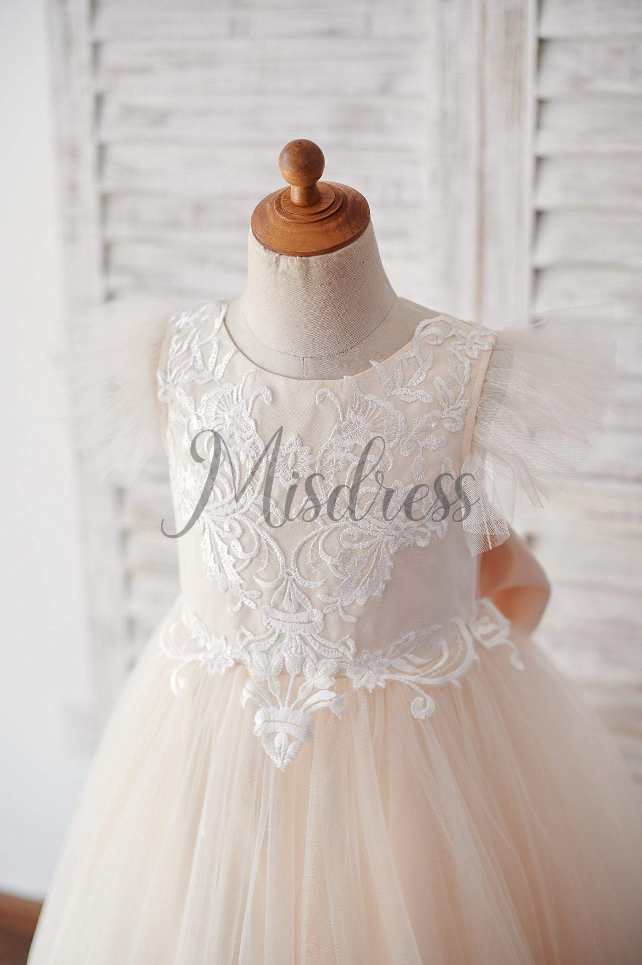 Ivory Lace Champagne tulle Ruffle Sleeves Sheer Back Wedding Flower Girl Dress - Flower Girl Dresses