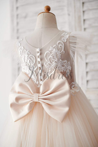 Ivory Lace Champagne tulle Ruffle Sleeves Sheer Back Wedding Flower Girl Dress - Flower Girl Dresses