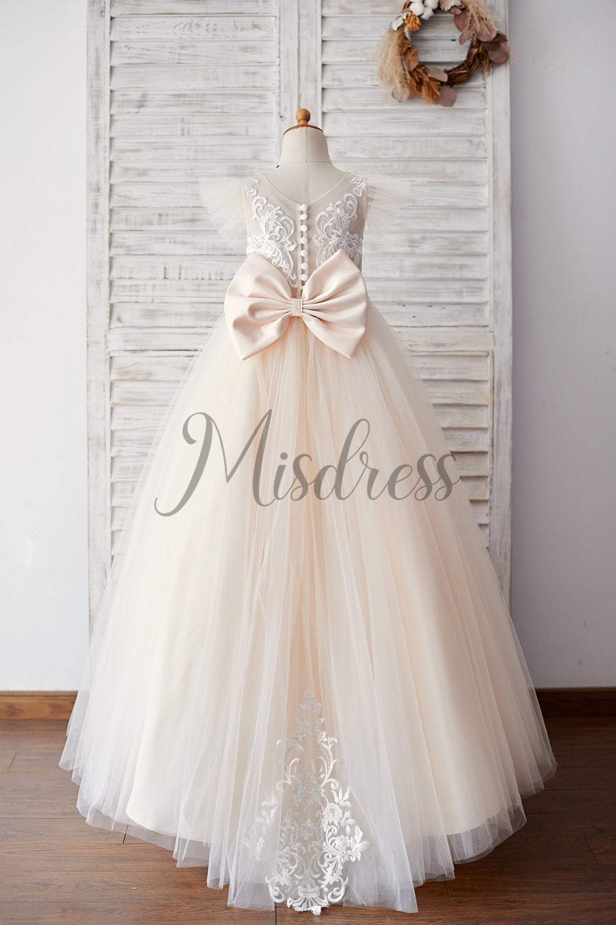 Ivory Lace Champagne tulle Ruffle Sleeves Sheer Back Wedding Flower Girl Dress - Flower Girl Dresses