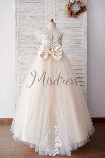 Ivory Lace Champagne tulle Ruffle Sleeves Sheer Back Wedding Flower Girl Dress - Flower Girl Dresses