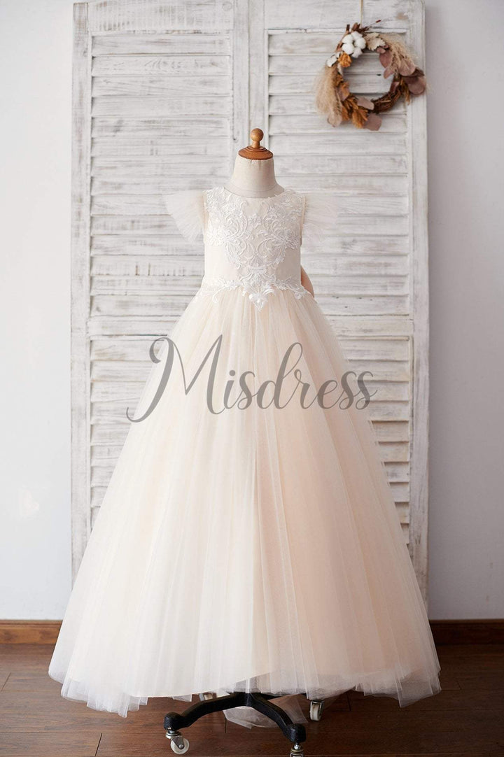Ivory Lace Champagne tulle Ruffle Sleeves Sheer Back Wedding Flower Girl Dress - Flower Girl Dresses
