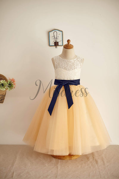 Ivory Lace Champagne Tulle Wedding Flower Girl Dress with Belt - Flower Girl Dresses