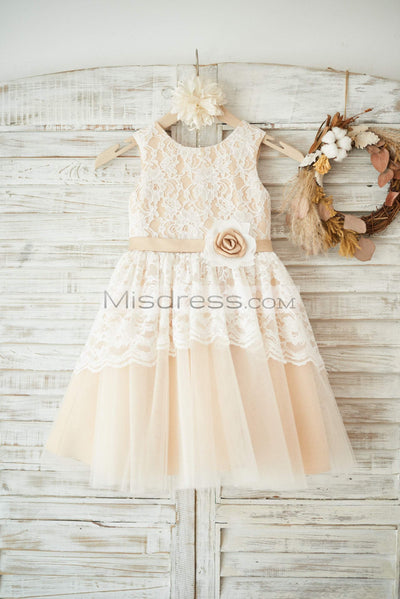 Ivory Lace Champagne Tulle Wedding Flower Girl Dress with Sash - Flower Girl Dresses