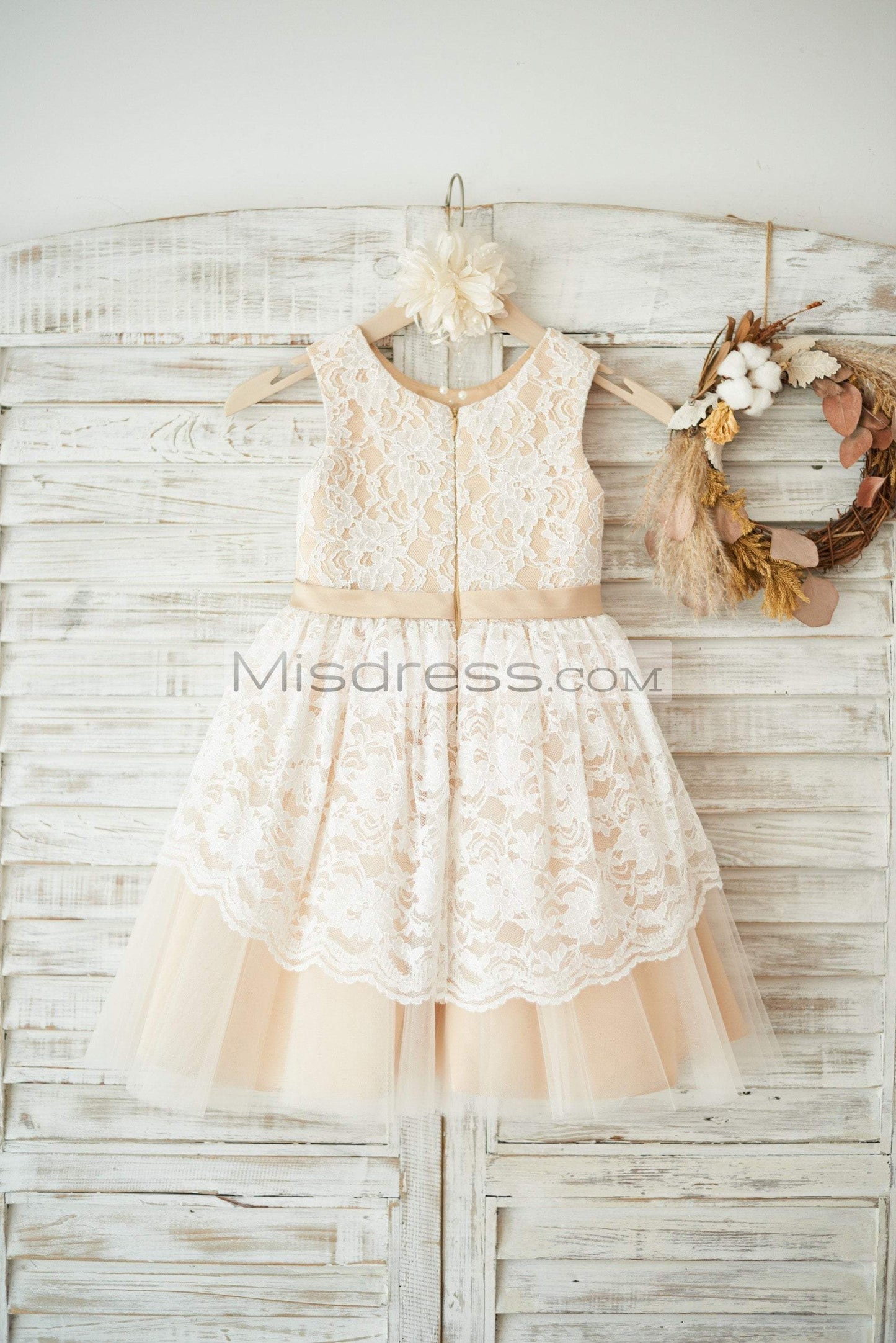 Ivory Lace Champagne Tulle Wedding Flower Girl Dress with Sash - Flower Girl Dresses