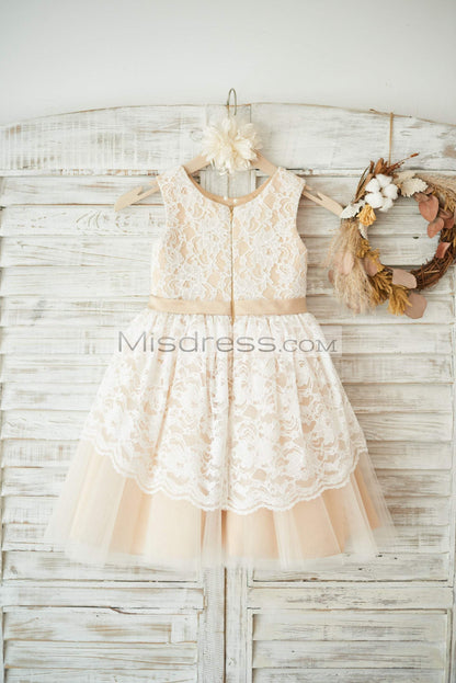 Ivory Lace Champagne Tulle Wedding Flower Girl Dress with Sash - Flower Girl Dresses