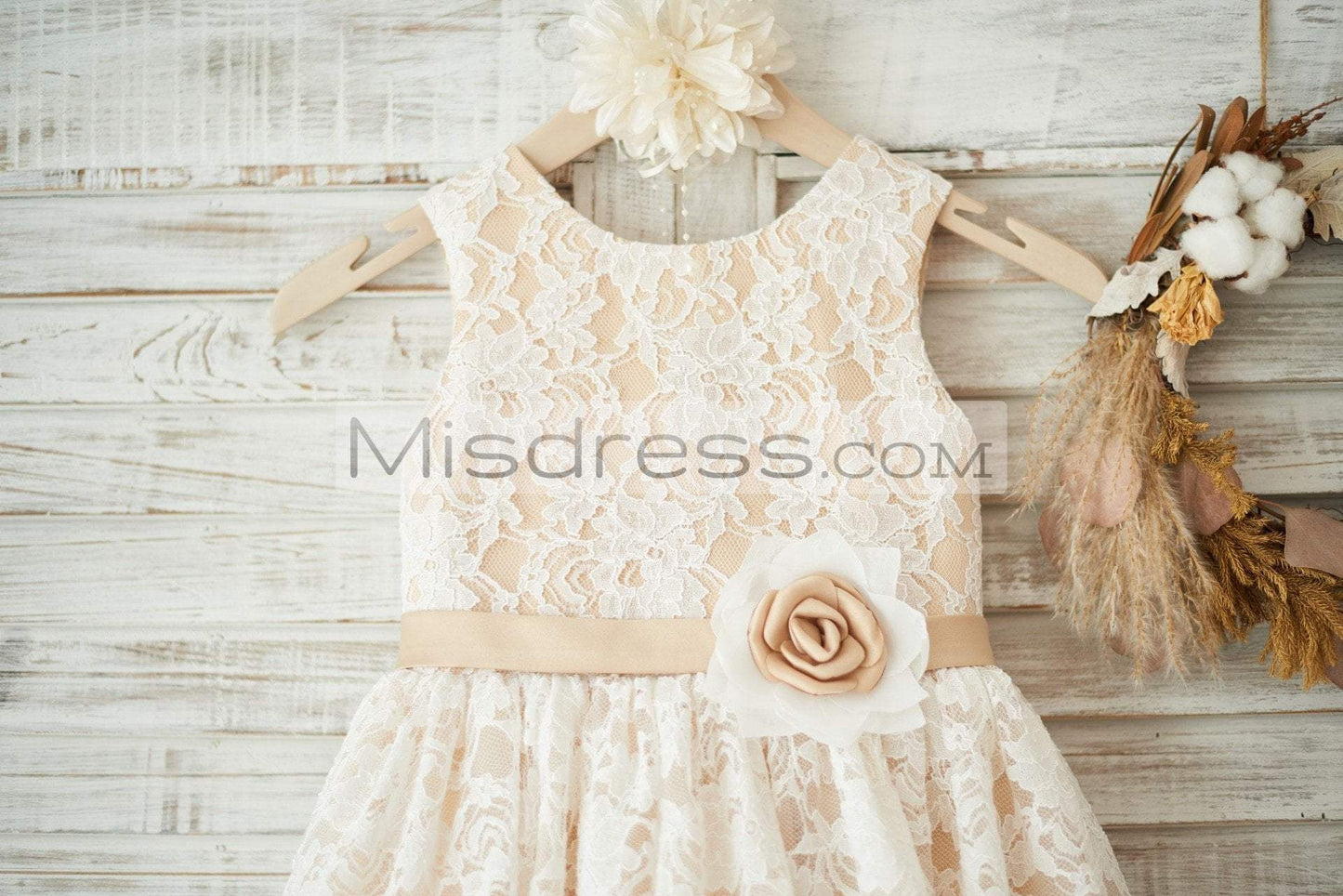 Ivory Lace Champagne Tulle Wedding Flower Girl Dress with Sash - Flower Girl Dresses