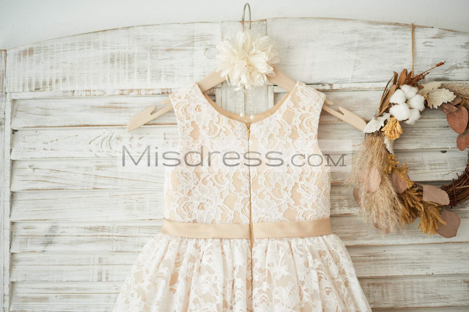 Ivory Lace Champagne Tulle Wedding Flower Girl Dress with Sash - Flower Girl Dresses