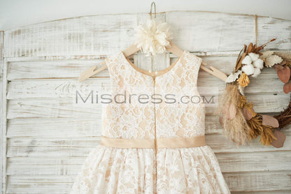 Ivory Lace Champagne Tulle Wedding Flower Girl Dress with Sash - Flower Girl Dresses