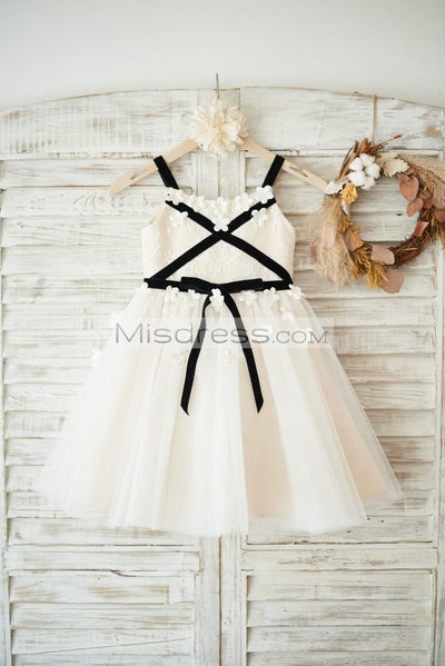 Ivory Lace Champagne Tulle Straps Wedding Flower Girl Dress with Belt - Flower Girl Dresses