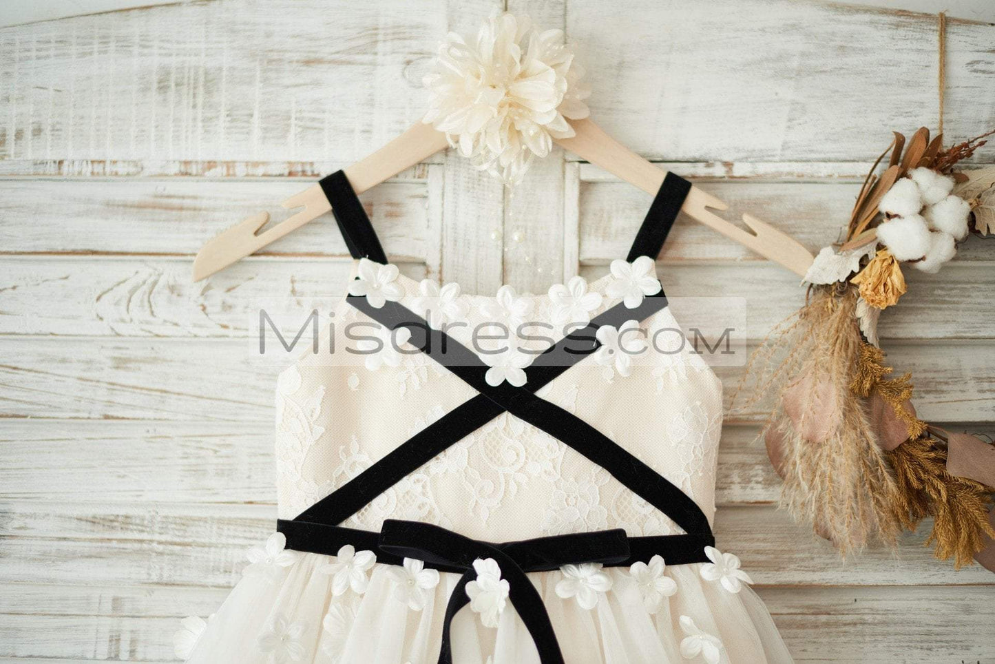 Ivory Lace Champagne Tulle Straps Wedding Flower Girl Dress with Belt - Flower Girl Dresses