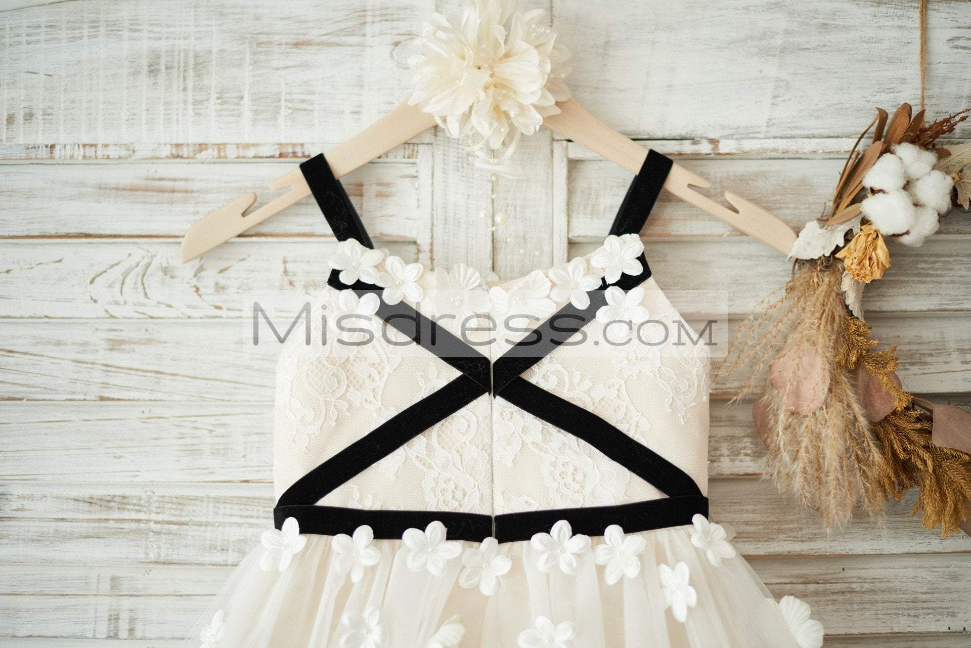 Ivory Lace Champagne Tulle Straps Wedding Flower Girl Dress with Belt - Flower Girl Dresses