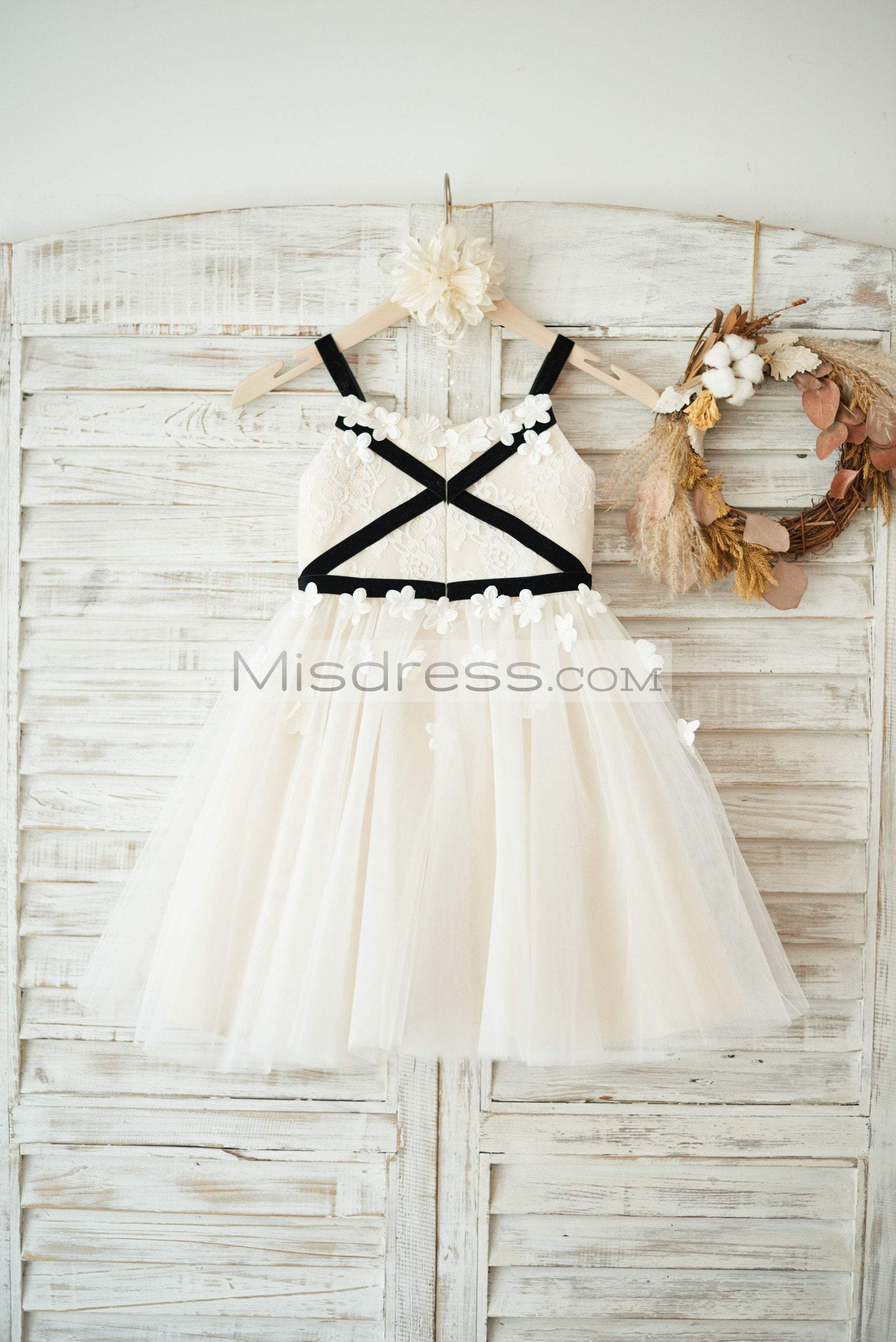 Ivory Lace Champagne Tulle Straps Wedding Flower Girl Dress with Belt - Flower Girl Dresses