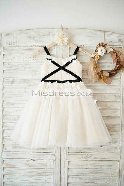 Ivory Lace Champagne Tulle Straps Wedding Flower Girl Dress with Belt - Flower Girl Dresses