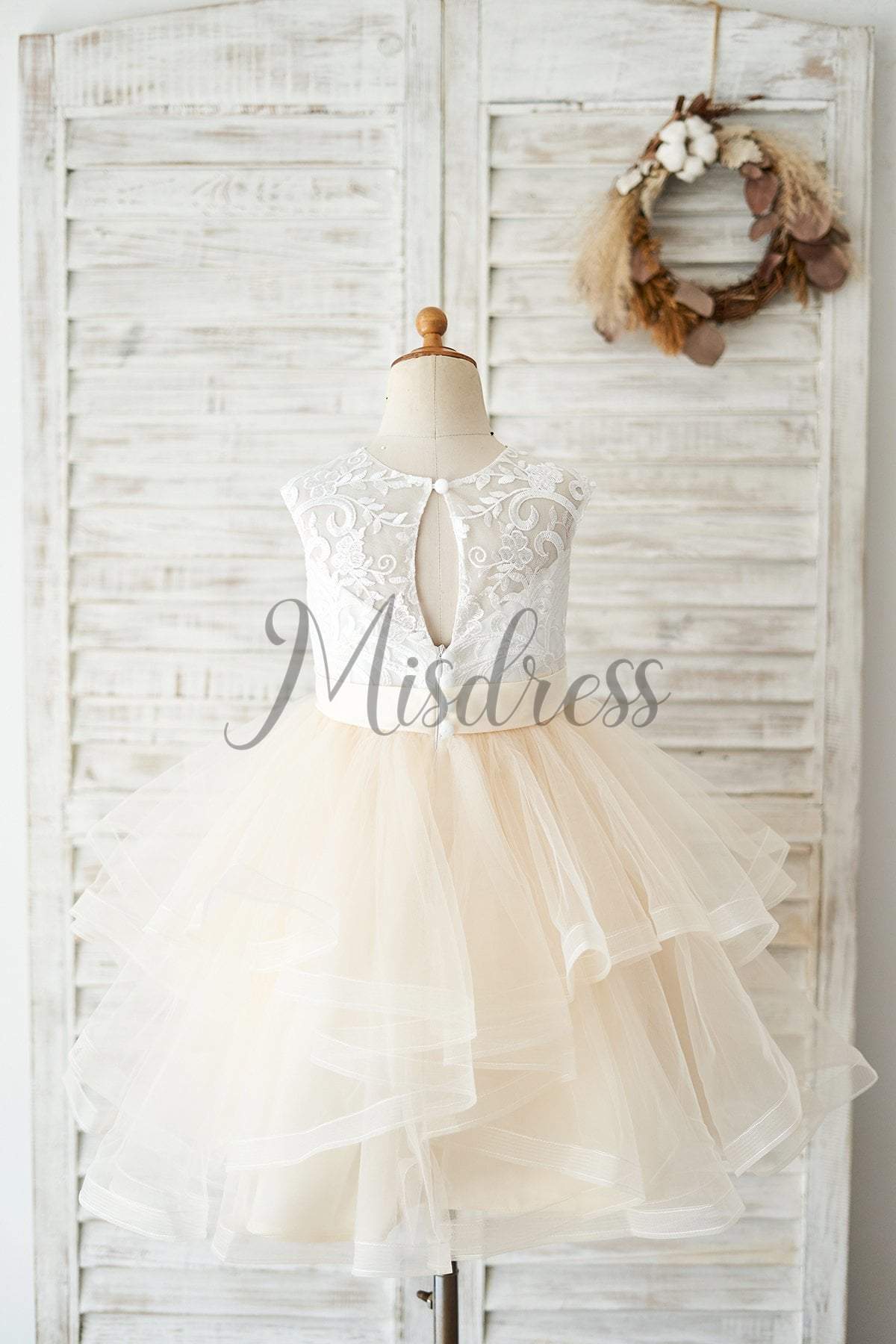 Ivory Lace Champagne Tulle Wedding Flower Girl Dress - Flower Girl Dresses