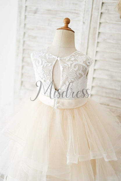 Ivory Lace Champagne Tulle Wedding Flower Girl Dress - Flower Girl Dresses
