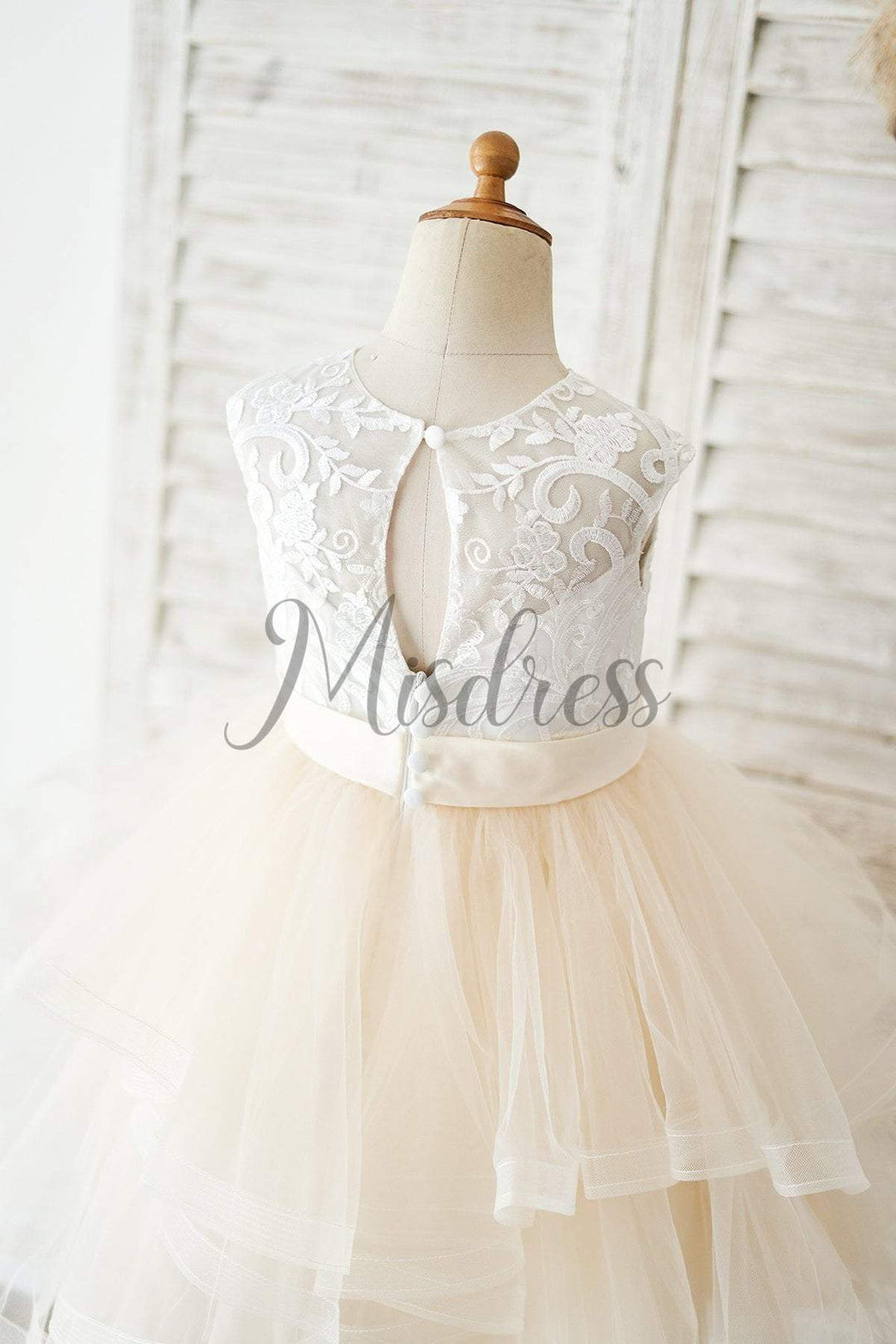 Miama Champagne Lace Tulle Flower Girl Dress - Junior Bridesmaid Dress With Beaded Belt, Knee Length - View #7