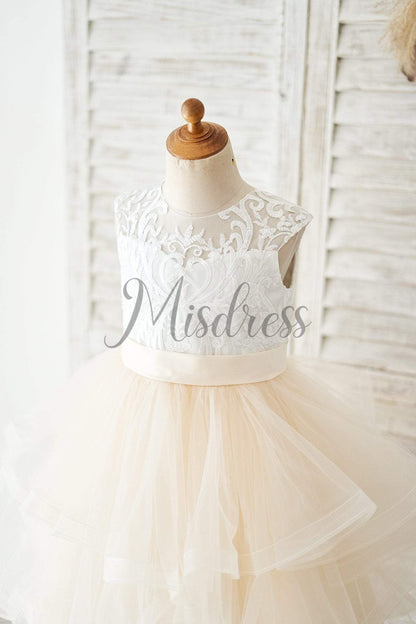 Ivory Lace Champagne Tulle Wedding Flower Girl Dress - Flower Girl Dresses