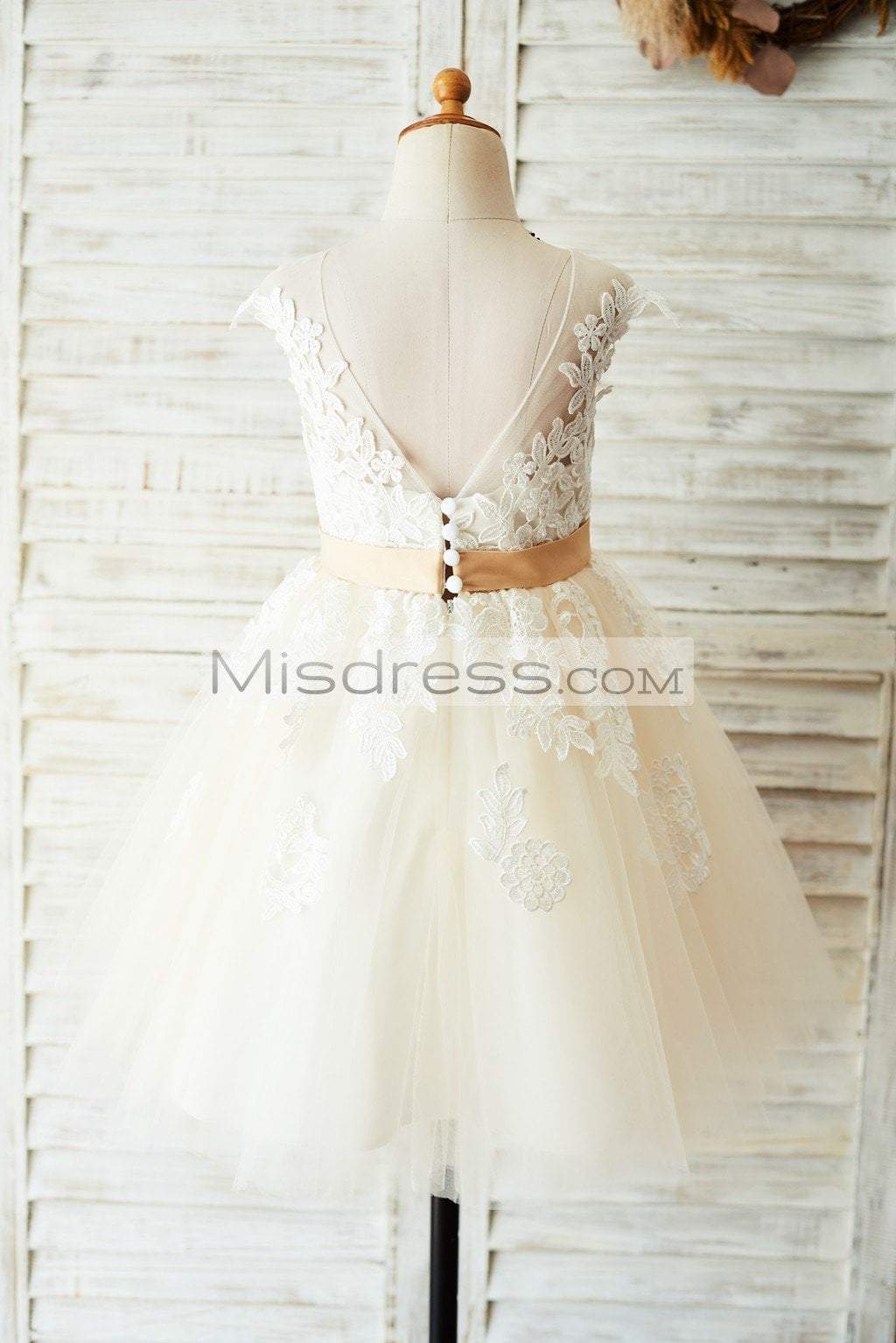 Ivory Lace Champagne Tulle Wedding Party Flower Girl Dress with V Back - Flower Girl Dresses