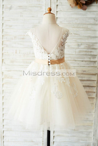 Ivory Lace Champagne Tulle Wedding Party Flower Girl Dress with V Back - Flower Girl Dresses