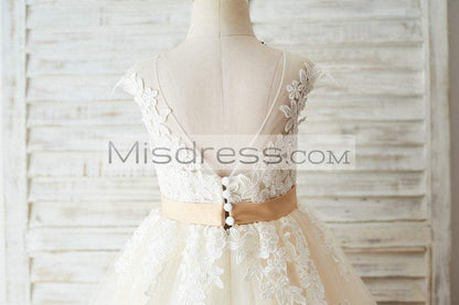 Ivory Lace Champagne Tulle Wedding Party Flower Girl Dress with V Back - Flower Girl Dresses
