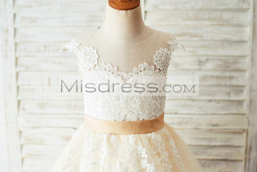 Ivory Lace Champagne Tulle Wedding Party Flower Girl Dress with V Back - Flower Girl Dresses