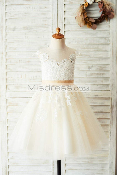 Ivory Lace Champagne Tulle Wedding Party Flower Girl Dress with V Back - Flower Girl Dresses