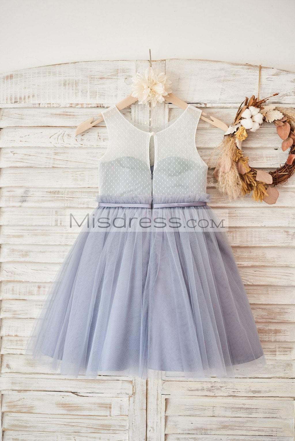 Ivory Lace Dusty Blue Tulle Sheer Back Wedding Flower Girl Dress With Belt - Flower Girl Dresses
