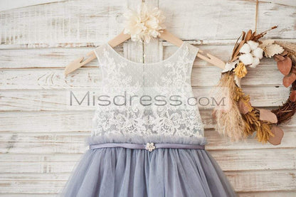 Ivory Lace Dusty Blue Tulle Sheer Back Wedding Flower Girl Dress With Belt - Flower Girl Dresses