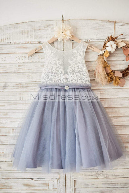 Ivory Lace Dusty Blue Tulle Sheer Back Wedding Flower Girl Dress With Belt - Flower Girl Dresses