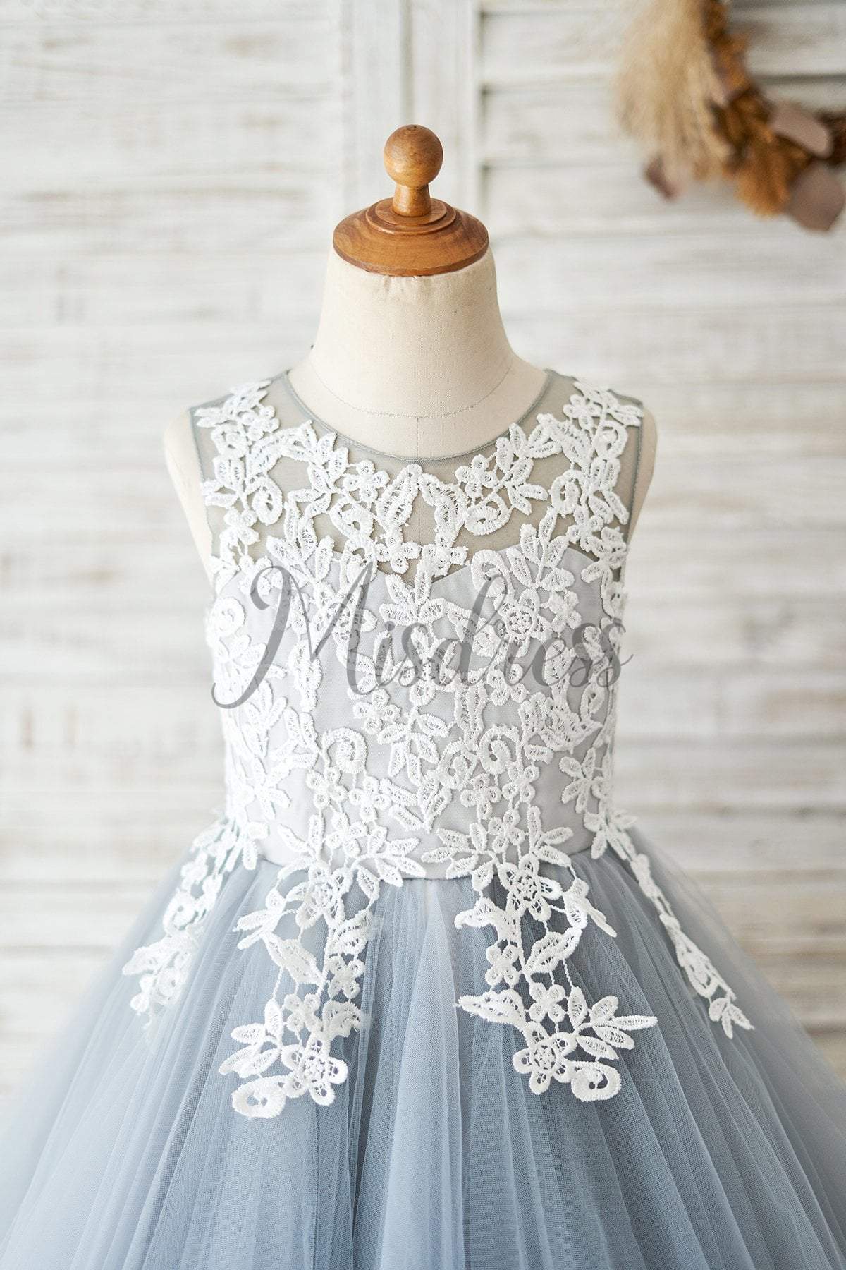 Princess Ivory Lace Gray Tulle Wedding Flower Girl Dress - Flower Girl Dresses