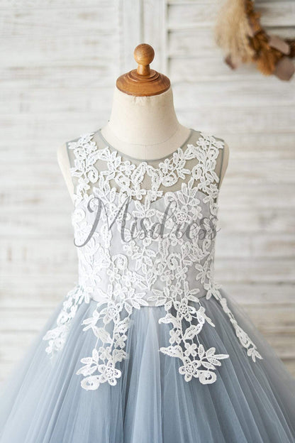Princess Ivory Lace Gray Tulle Wedding Flower Girl Dress - Flower Girl Dresses