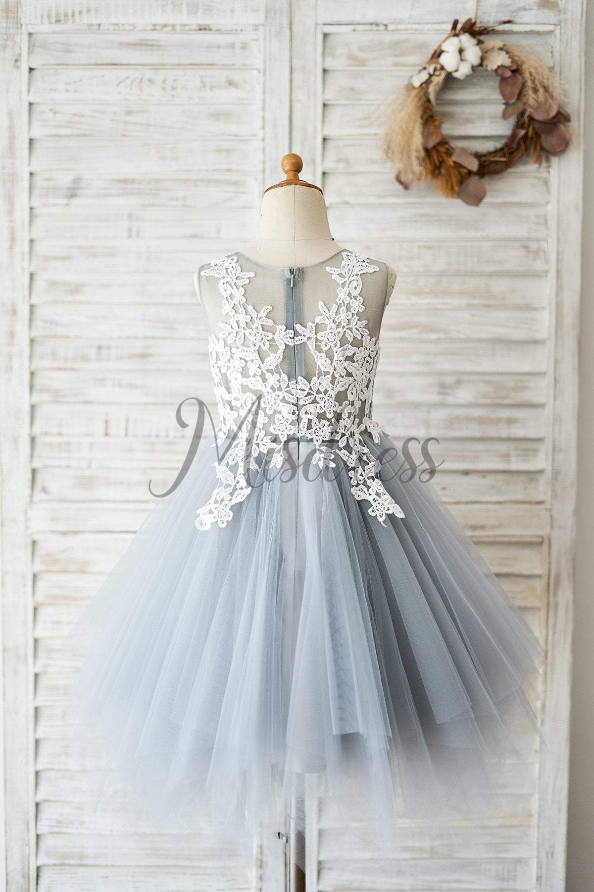 Princess Ivory Lace Gray Tulle Wedding Flower Girl Dress - Flower Girl Dresses