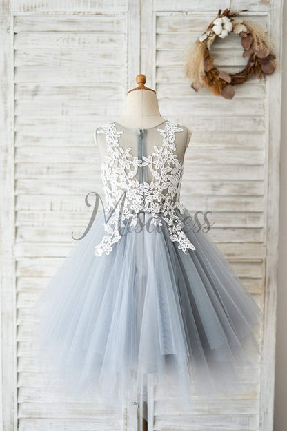 Princess Ivory Lace Gray Tulle Wedding Flower Girl Dress - Flower Girl Dresses