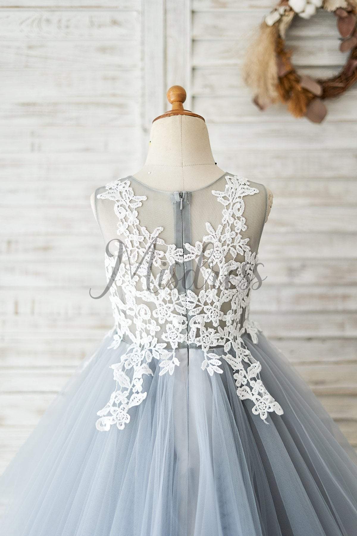 Princess Ivory Lace Gray Tulle Wedding Flower Girl Dress - Flower Girl Dresses