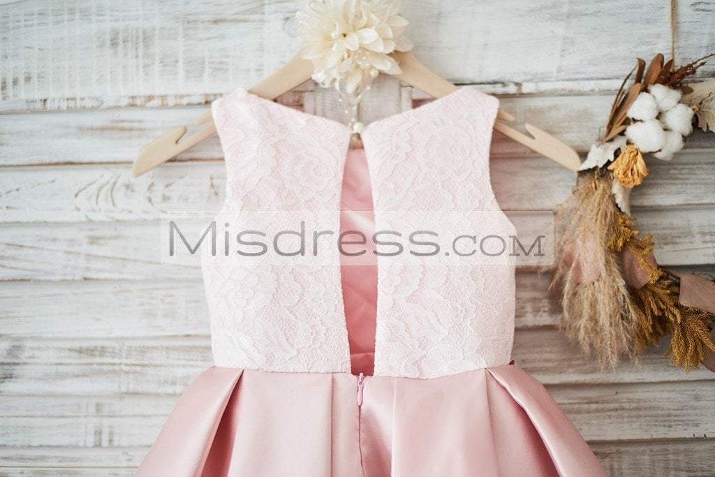 Ivory Lace Peach Pink Twill Satin Wedding Flower Girl Dress with Slit Open Back - Flower Girl Dresses